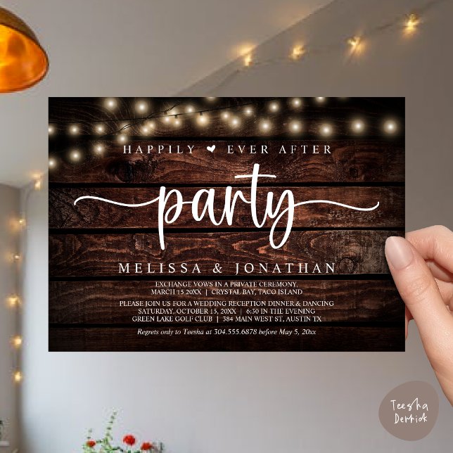 Glücklicherweise immer nach dem Party, String Ligh Einladung (Happily Ever After Party, Cottage String Lights Elopement Invitation Card, PDF, Brown Wood)