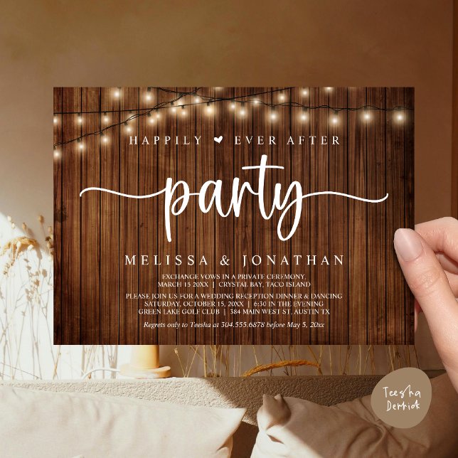 Glücklicherweise immer nach dem Party, String Ligh Einladung (Happily Ever After Party, Cottage String Lights Elopement Invitation Card, PDF, Brown Wood)