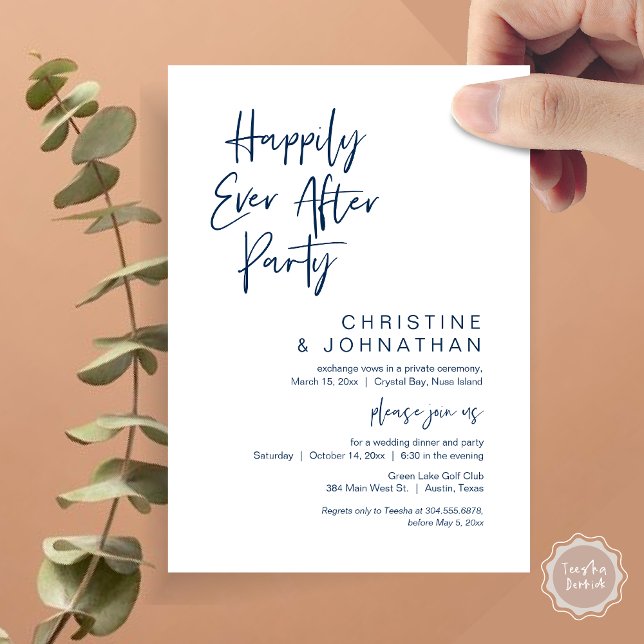 Glücklicherweise immer nach der Hochzeit Elopement Einladung (Happily Ever After Party, Wedding Elopement Invitation Card, PDF, Modern Casual, Classy Navy Blue)