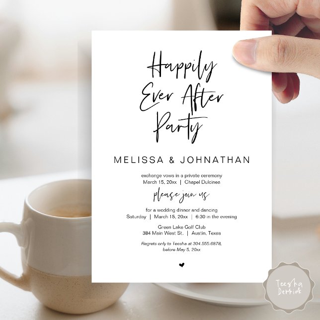 Glücklicherweise immer nach der Hochzeit Elopement Einladung (Happily Ever After Party, Wedding Dinner and Dancing Invitation Card, PDF, in Black and White)