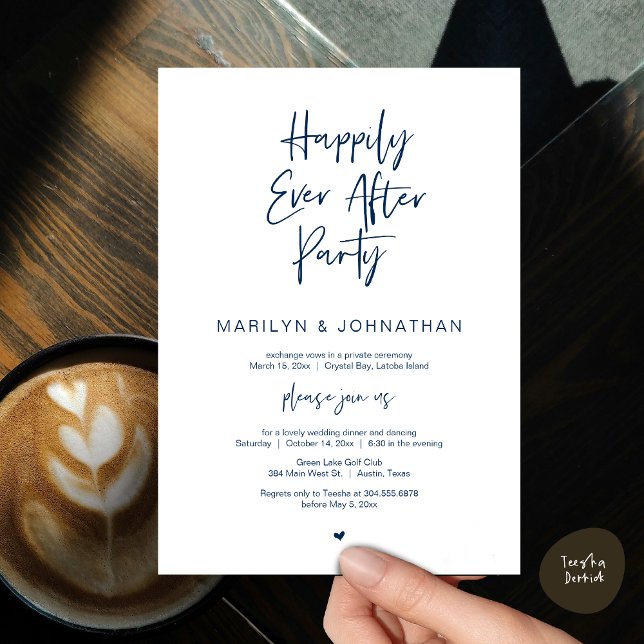 Glücklicherweise immer nach der Hochzeit Elopement Einladung (Happily Ever After, Wedding Elopement Modern Summer Party Invitation Card, PDF, in Navy Blue)