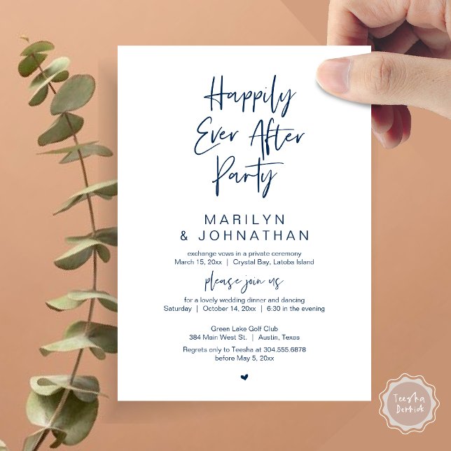 Glücklicherweise immer nach der Hochzeit Elopement Einladung (Happily Ever After, Wedding Elopement Modern Summer Party Invitation Card, PDF, in Navy Blue)