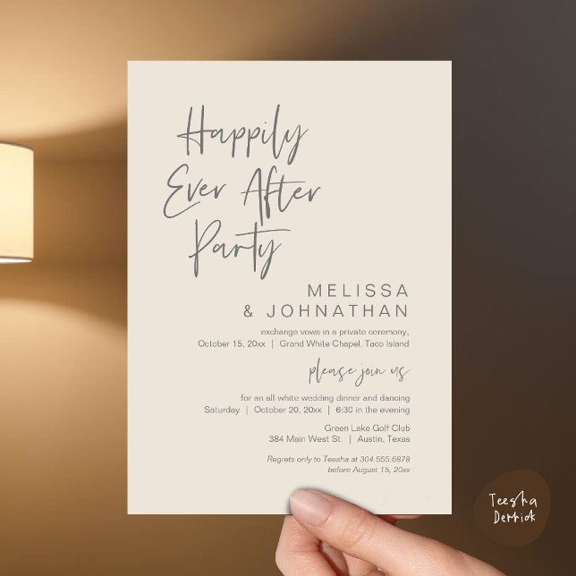 Glücklicherweise immer nach der Hochzeit Elopement Einladung (Happily Ever After Party Invitation Card, PDF, Wedding Elopement Dinner Brunch Lunch, Cream Grey)