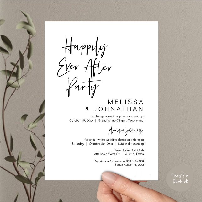 Glücklicherweise immer nach der Hochzeit Elopement Einladung (Happily Ever After Party Invitation Card, PDF, Wedding Elopement Dinner Brunch Lunch, White Black)