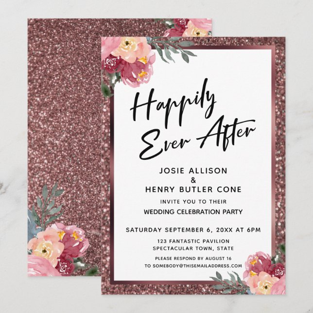 Glücklicherweise immer nach der Rose Gold Glitzer  Einladung (Vorne/Hinten)