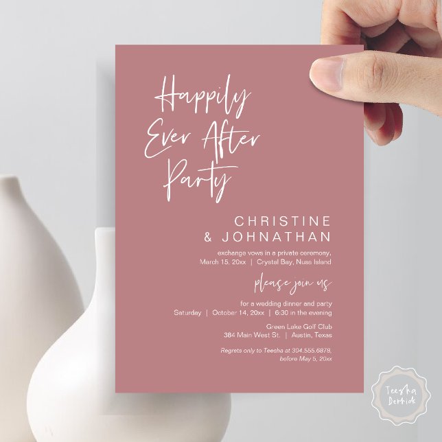 Glücklicherweise immer nach, Hochzeit Elopement Di Einladung (Happily Ever After Party, Wedding Elopement Dinner Invitation Card, PDF, Modern, Dusty Rose Pink)