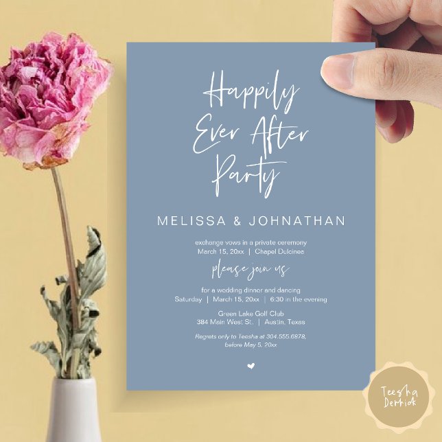 Glücklicherweise immer nach, Hochzeit Elopement Di Einladung (Happily Ever After Party, Wedding Dinner and Dancing Invitation Card, PDF, in Dusty Blue)