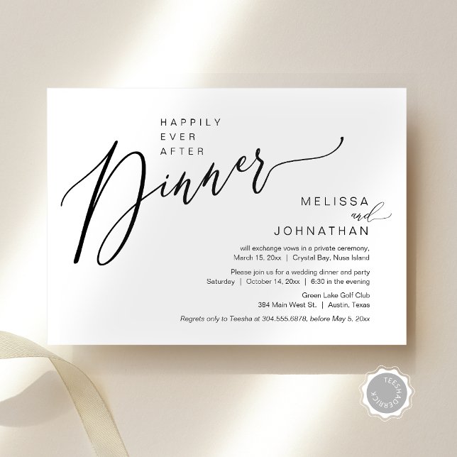 Glücklicherweise immer nach Hochzeit Elopement Din Einladung (Happily Ever After Wedding Elopement Dinner Invitation Card, Modern Romantic, Editable Downloadable)