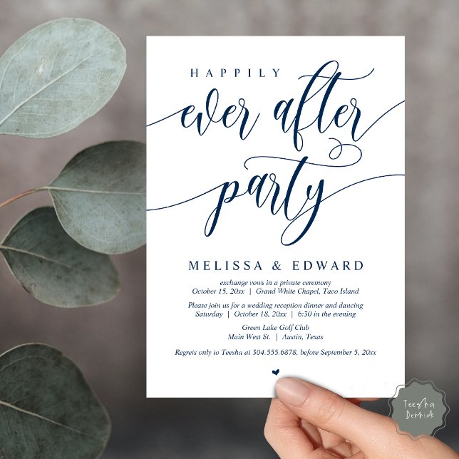 Glücklicherweise immer nach Hochzeit Elopement Din Einladung (Wedding Happily Ever After Party Dinner Brunch Elopement Invitation Card, PDF, Navy Blue)