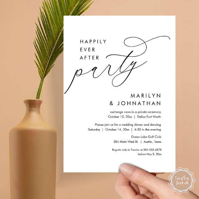 Glücklicherweise immer nach Hochzeit Elopement Din Einladung (Happily Ever After Party, Modern Minimalist Wedding Dinner Invitation Card, PDF, Black and White)
