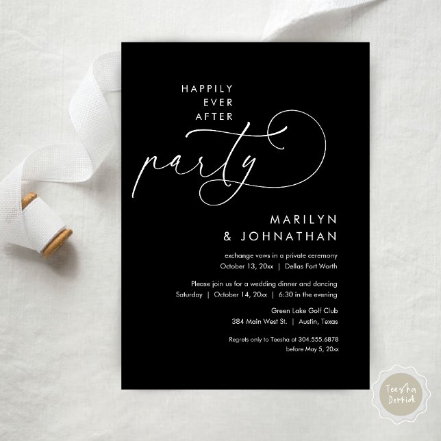 Glücklicherweise immer nach Hochzeit Elopement Din Einladung (Happily Ever After Party, Modern Minimalist Wedding Dinner Invitation Card, PDF, classy black)