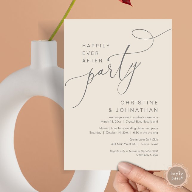 Glücklicherweise immer nach Hochzeit Elopement Par Einladung (Happily Ever After Party, Wedding Elopement Brunch, Dinner or Lunch Invitation Card in Grey Cream)