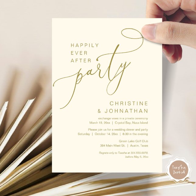 Glücklicherweise immer nach Hochzeit Elopement Par Einladung (Happily Ever After Party, Wedding Elopement Brunch, Dinner or Lunch Invitation Card in Classy Gold)
