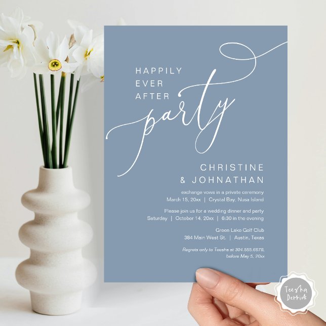 Glücklicherweise immer nach Hochzeit Elopement Par Einladung (Happily Ever After Party, Wedding Elopement Brunch, Dinner or Lunch Invitation Card in Dusty Blue)