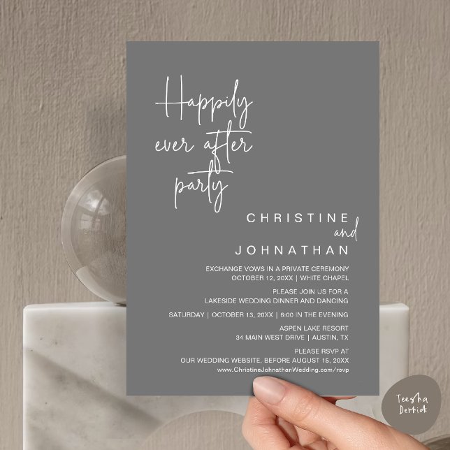 Glücklicherweise immer nach Hochzeit Elopement Par Einladung (Happily Ever After Wedding Elopement Dinner Brunch Lunch Party Invites Card, PDF, Dark Grey)
