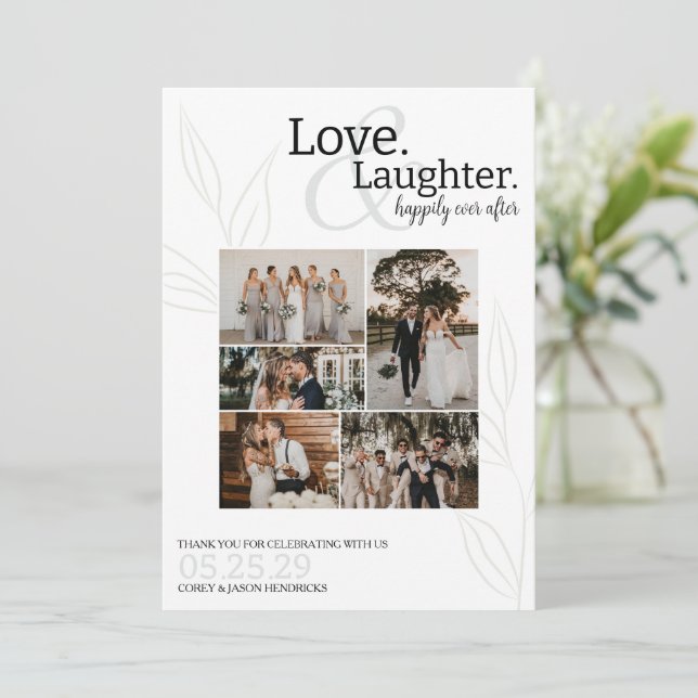 Glücklicherweise immer nach Hochzeit Foto Dankeskarte (Stehend Vorderseite)
