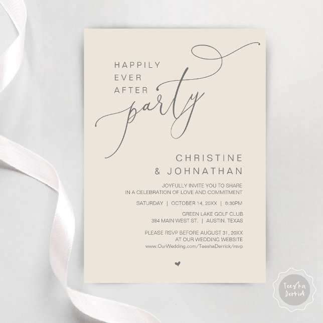Glücklicherweise immer nach Hochzeitsfeier Dinner  Einladung (Happily Ever After Wedding Party Romantic Dinner Dancing Invitation Card, PDF, in Dark Grey Cream)
