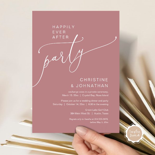 Glücklicherweise immer nach Hochzeitstag Elopement Einladung (Happily Ever After Party, Modern Romantic Wedding Elopement Dinner Invitation Card, in Dusty Rose )