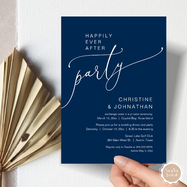 Glücklicherweise immer nach Hochzeitstag Elopement Einladung (Happily Ever After Party, Modern Romantic Wedding Elopement Dinner Invitation Card, in Navy Blue)