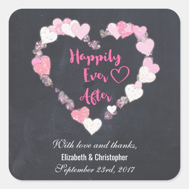 Glücklicherweise immer nach rosa Herzen Hochzeit d Quadratischer Aufkleber (Vorderseite)