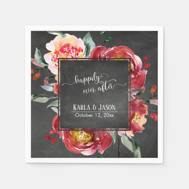 Glücklicherweise je nach Roter Blume Bouquet Chalk Serviette (Vorderseite)