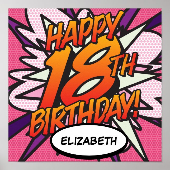 GLÜCKLICHES 18. GEBURTSTAG Comic Pop Rosa Poster (Vorne)