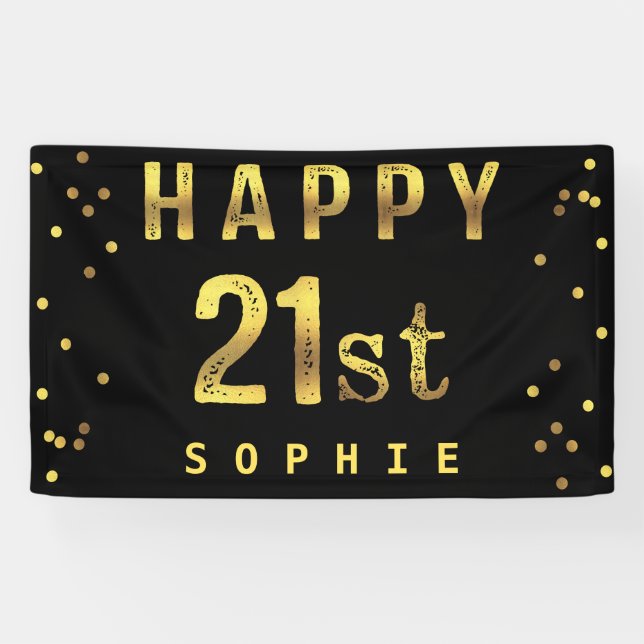Glückliches 21. Imitat-Goldfolieconfetti-Schwarzes Banner (Horizontal)