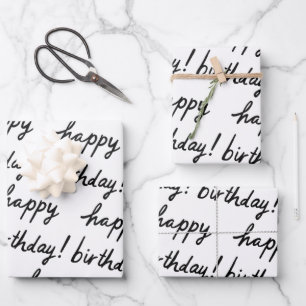 GLÜCKLICHES BIRTHDAY-Handschriftenmuster Schwarz-w Geschenkpapier Set