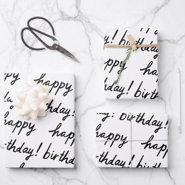 GLÜCKLICHES BIRTHDAY-Handschriftenmuster Schwarz-w Geschenkpapier Set (Vorderseite)