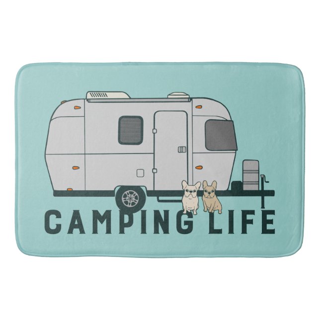 Glückliches Campingsleben mit niedlichen Frenchies Badematte (Vorderseite)