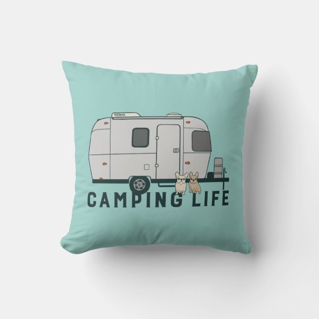 Glückliches Campingsleben mit niedlichen Frenchies Kissen (Vorderseite)