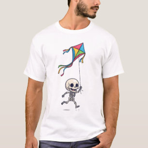 Glückliches Chibi-Skelett läuft mit farbenfrohem D T-Shirt