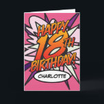 GLÜCKLICHES Comic 18. BIRTHTAG  Pop Art Pink Karte<br><div class="desc">Eine lustige,  coole und trendige Retro-Comic-Buch Pop kunst 18. Geburtstagskarte,  die die Wanne,  Zap,  Pow in Ihre spezielle Feier. Entworfen von ComicBookPop© unter www.zazzle.com/comicbookpop</div>