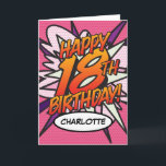GLÜCKLICHES Comic 18. BIRTHTAG  Pop Art Pink Karte<br><div class="desc">Eine lustige,  coole und trendige Retro-Comic-Buch Pop kunst 18. Geburtstagskarte,  die die Wanne,  Zap,  Pow in Ihre spezielle Feier. Entworfen von ComicBookPop© unter www.zazzle.com/comicbookpop</div>
