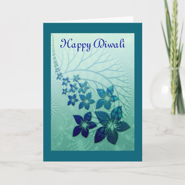 Glückliches Diwali mit blauen Blumenrollen Karte (Vorderseite)