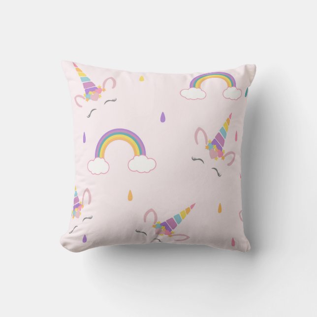 Glückliches Einhorn und Regenbogen Kissen (Vorderseite)