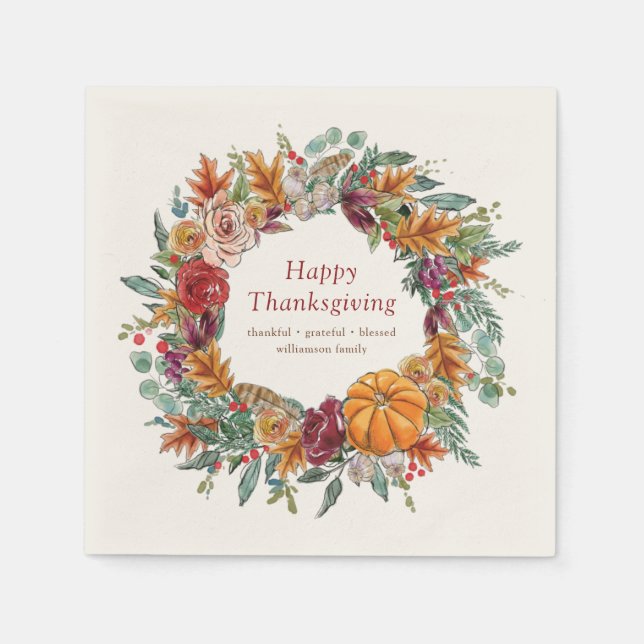 glückliches Erntedankland Rustic Pumpkin Wreath Serviette (Vorderseite)