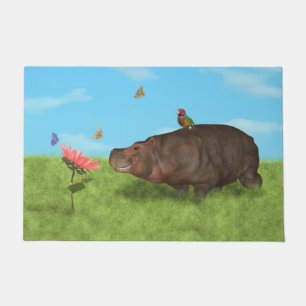 Glückliches Flusspferd, Blume, Schmetterlinge Fußmatte