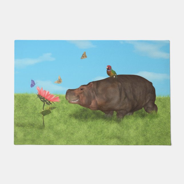 Glückliches Flusspferd, Blume, Schmetterlinge Fußmatte (Vorderseite)