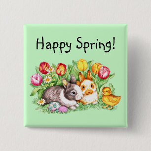 Glückliches Frühlings-Häschen-Küken-Tulpe-Butt Button