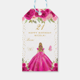 Glückliches Geburtstag Mädchen mit hellrosa floral Geschenkanhänger