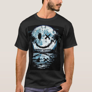 Glückliches Gesicht Lächelnd Nachtzeit Mond Über O T-Shirt