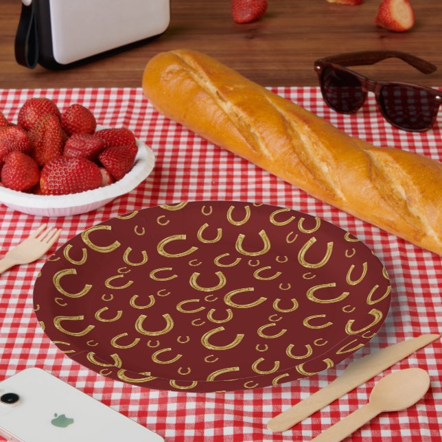 Glückliches goldenes Horseshosmuster Pappteller (Picknick)