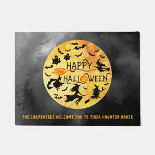 GLÜCKLICHES HALLOWEEN, fliegende Hexen, Geister u. Fußmatte