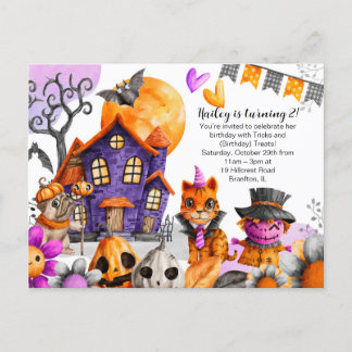 Glückliches Halloween Geburtstag - Katze, Mops, Vo Postkarte