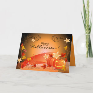 Glückliches Halloween! Kürbise, Herbst-Blätter u. Karte