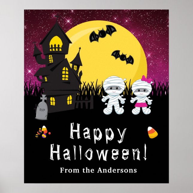 Glückliches Halloween Mummy Pink Party Zeichen Poster (Vorne)