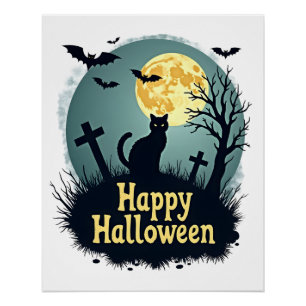 Glückliches Halloween-Shirt mit Katze auf dem Frie Poster