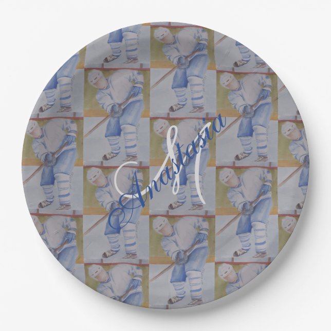GLÜCKLICHES HOCKEY-PARTY-MONOGRAMM PAPPTELLER (Vorderseite)