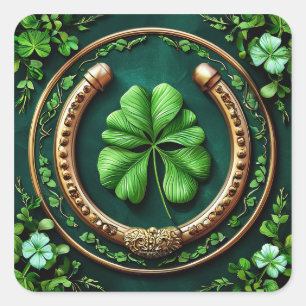 Glückliches Horseshoe und Clover Design Quadratischer Aufkleber